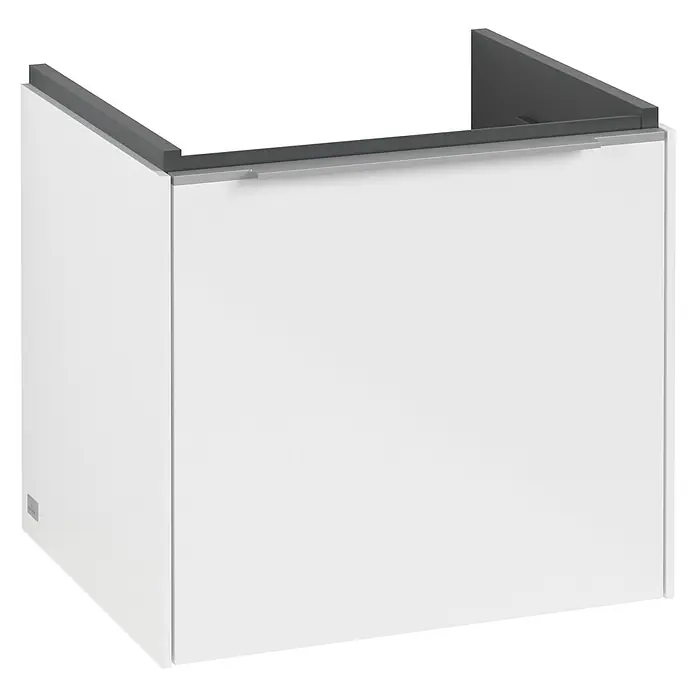 Villeroy & Boch Subway 3.0 Waschbeckenunterschrank - Brilliant White, Anzahl Schubladen: 1 Stk., Farbe Griff: Aluminium glänzend, B x T x H: 47,3 x 40,8 x 42,9 cm, Mit Beleuchtung - Ansicht eines Badezimmer-Waschtischunterschranks in Weiß mit grauer Abdeckung, der Stauraum und ein modernes Design bietet.