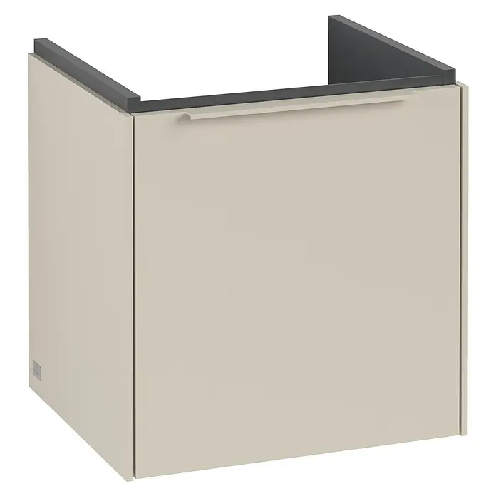 Villeroy & Boch Subway 3.0 Waschbeckenunterschrank - Cashmere Grey, Anzahl Türen: 1 Stk., Farbe Griff: Monochrom, B x T x H: 42,3 x 37,8 x 42,9 cm, DIN Anschlag: Links - Ein Badezimmer-Waschtischunterschrank in sanftem Beige mit einer eleganten grauen Arbeitsplatte für ein stilvolles Ambiente.