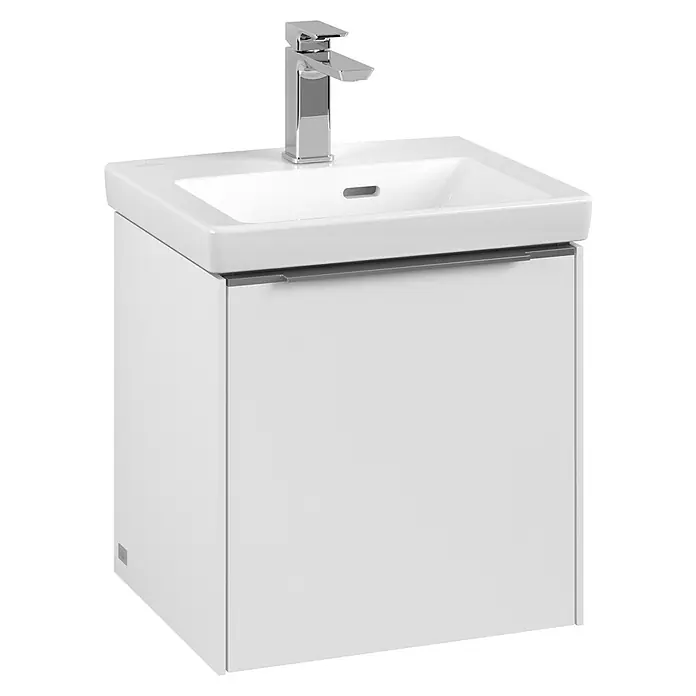 Villeroy & Boch Subway 3.0 Waschbeckenunterschrank - Pure White, Anzahl Türen: 1 Stk., Farbe Griff: Aluminium glänzend, B x T x H: 42,3 x 37,8 x 42,9 cm, DIN Anschlag: Rechts - Moderner Waschbeckenunterschrank in Weiß mit verchromter Armatur, ideal für stilvolle Badezimmer. Schlichtes Design für moderne Einrichtungen.