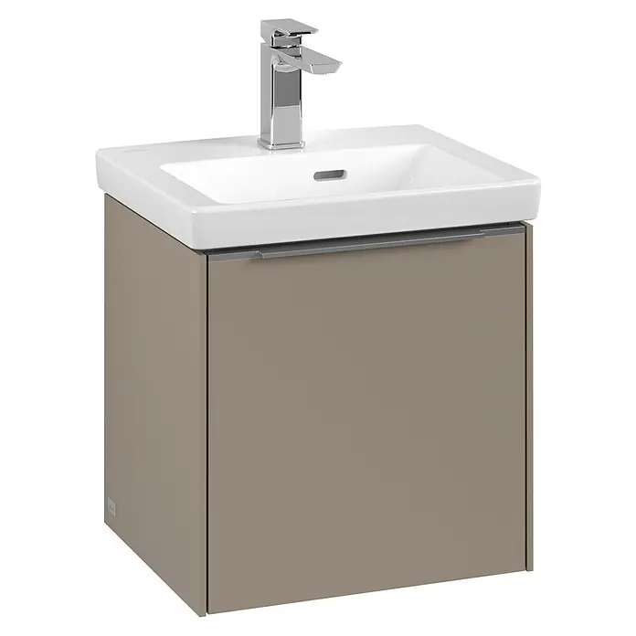 Villeroy & Boch Subway 3.0 Waschbeckenunterschrank - Taupe, Anzahl Türen: 1 Stk., Farbe Griff: Aluminium glänzend, B x T x H: 42,3 x 37,8 x 42,9 cm, DIN Anschlag: Rechts - Waschtischunterschrank mit weißem Waschbecken und verchromter Armatur, stilvoll und modern für jedes Badezimmer.