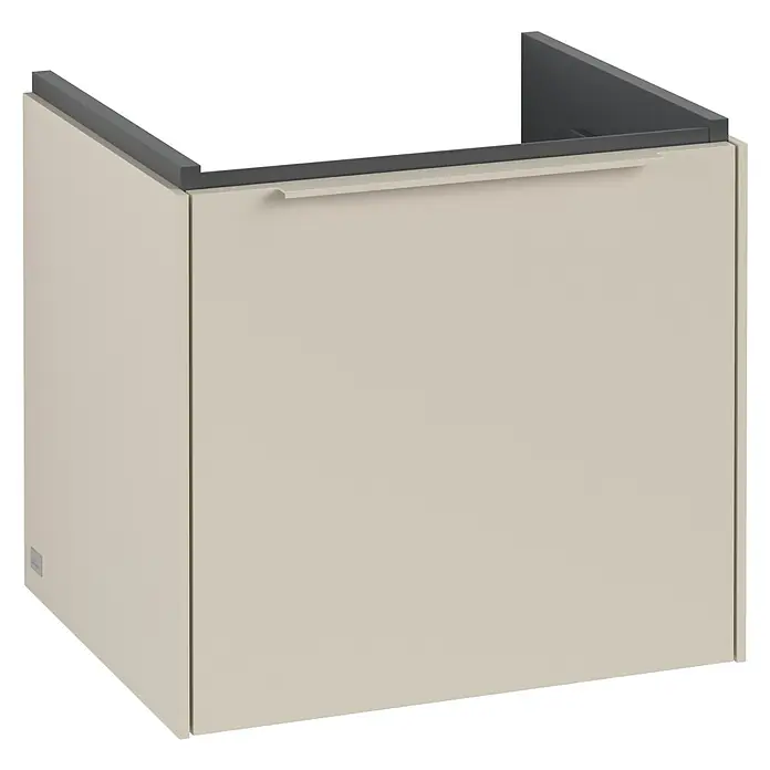 Villeroy & Boch Subway 3.0 Waschbeckenunterschrank - Cashmere Grey, Anzahl Schubladen: 1 Stk., Farbe Griff: Monochrom, B x T x H: 47,3 x 40,8 x 42,9 cm - Das Bild zeigt einen modernen, beigefarbenen Unterschrank mit einem schlichten, grauen Griff und einer grauen Abdeckung. Perfekt für jedes Badezimmer.