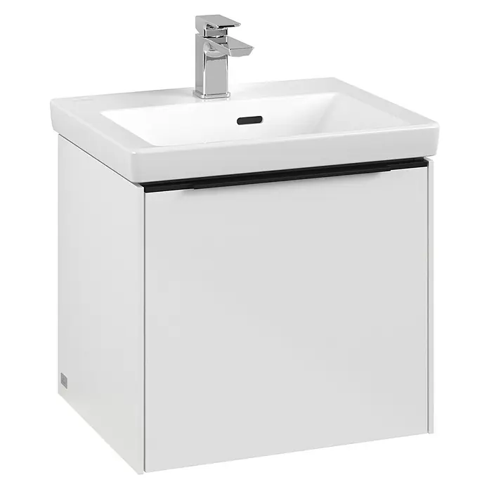 Villeroy & Boch Subway 3.0 Waschbeckenunterschrank - Brilliant White, Anzahl Schubladen: 1 Stk., Farbe Griff: Volcano Black, B x T x H: 47,3 x 40,8 x 42,9 cm, Mit Beleuchtung - Ein weißer Waschtischunterschrank mit einem eleganten, verchromten Wasserhahn und einem modernen Design für Badezimmer.