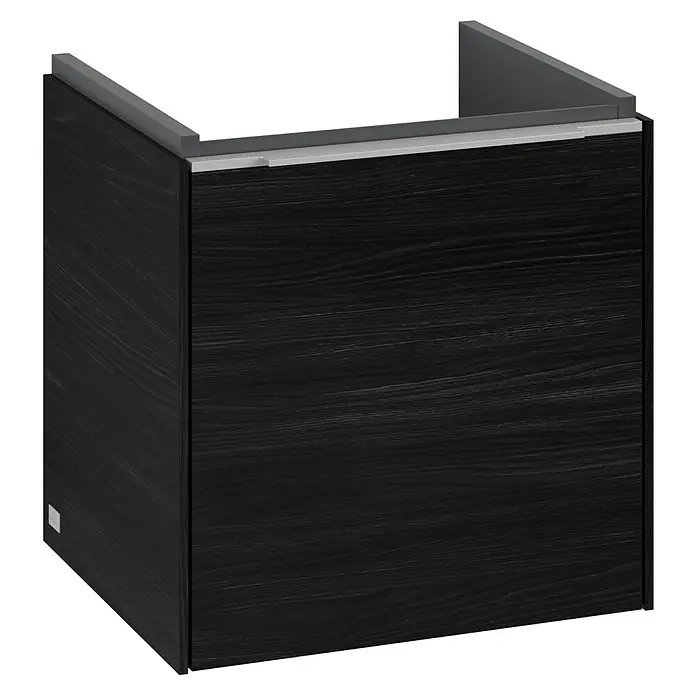 Villeroy & Boch Subway 3.0 Waschbeckenunterschrank - Black Oak, Anzahl Türen: 1 Stk., Farbe Griff: Aluminium glänzend, B x T x H: 42,3 x 37,8 x 42,9 cm, DIN Anschlag: Links - Schwarzer Waschtischunterschrank mit Holzmaserung und grauen Akzenten für ein modernes Badezimmerdesign.