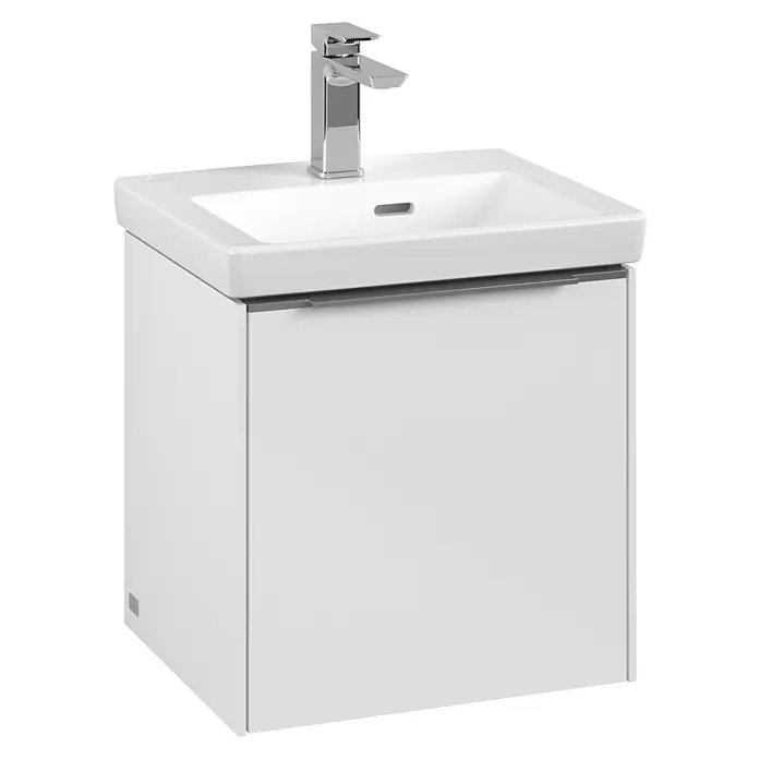 Villeroy & Boch Subway 3.0 Waschbeckenunterschrank - Brilliant White, Anzahl Türen: 1 Stk., Farbe Griff: Aluminium glänzend, B x T x H: 42,3 x 37,8 x 42,9 cm, DIN Anschlag: Rechts - Elegantes weißes Waschbecken mit Unterschrank und Armatur. Das moderne Design passt perfekt in jedes Badezimmer.