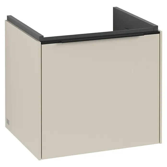 Villeroy & Boch Subway 3.0 Waschbeckenunterschrank - Cashmere Grey, Anzahl Schubladen: 1 Stk., Farbe Griff: Volcano Black, B x T x H: 47,3 x 40,8 x 42,9 cm, Mit Beleuchtung - Produktansicht eines stilvollen Waschbeckenunterschranks in Beige mit einer dunklen Akzentleiste, die modernes Design und Funktionalität vereint.