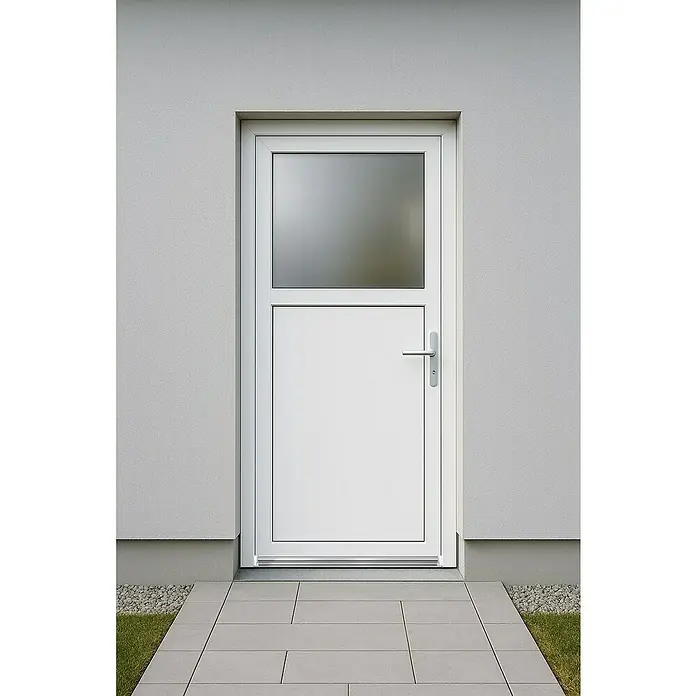 Panto Nebeneingangstür Premium SMK 510 - 98 x 198 cm, DIN Anschlag: Rechts, Weiß - Weiße Tür mit Glasoberteil in einer grauen Fassade. Die Tür hat einen silbernen Griff und führt auf einen gepflasterten Weg.