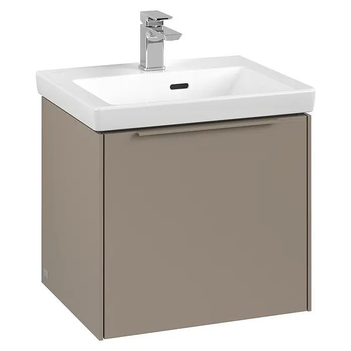 Villeroy & Boch Subway 3.0 Waschbeckenunterschrank - Taupe, Anzahl Schubladen: 1 Stk., Farbe Griff: Monochrom, B x T x H: 47,3 x 40,8 x 42,9 cm - Ein moderner Waschtischunterschrank in Taupe mit weißem Aufsatzwaschbecken und Chromarmatur. Stilvoll und platzsparend für jedes Badezimmer.