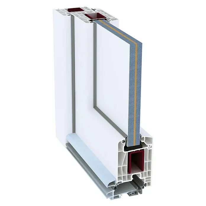 Panto Haustür Premium SMK 017 - 110 x 210 cm, DIN Anschlag: Links, Weiß - Querschnitt eines weißen Kunststofffensters, der die innere Struktur und die Materialzusammensetzung hervorhebt. Ideal für Bau- und Renovierungsprojekte.