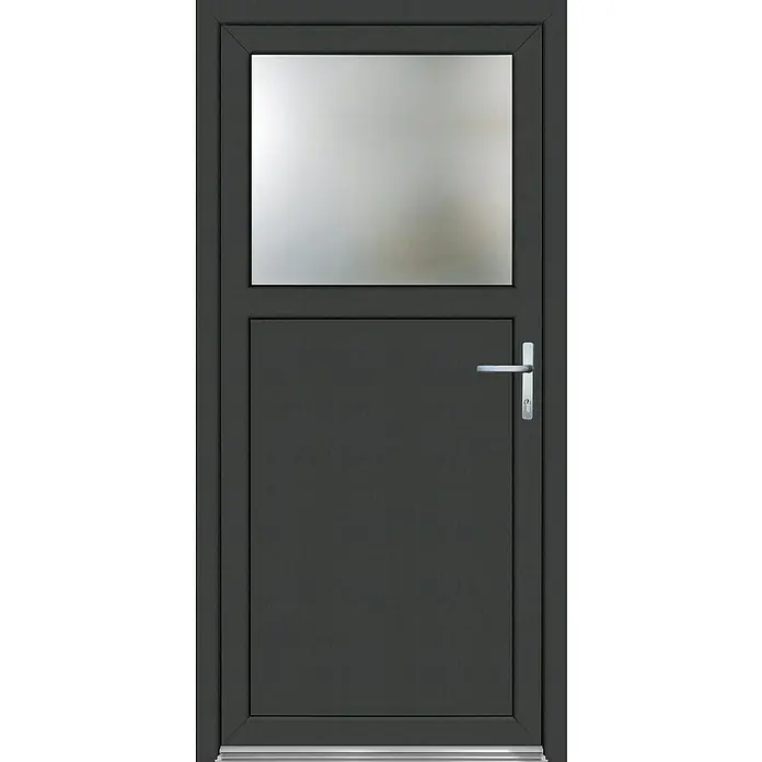 Panto Nebeneingangstür Premium SMK 510 - 98 x 198 cm, DIN Anschlag: Rechts, Anthrazit/Weiß - Dunkelgraue Tür mit einem Fenster im oberen Bereich und einem silbernen Türgriff, der sich rechts befindet.