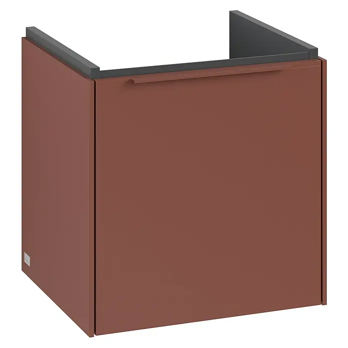 Villeroy & Boch Subway 3.0 Waschbeckenunterschrank - Wine Red, Anzahl Türen: 1 Stk., Farbe Griff: Monochrom, B x T x H: 42,3 x 37,8 x 42,9 cm, DIN Anschlag: Links - Nahaufnahme eines braunen Badezimmerunterschranks mit einer grauen Oberseite und einem integrierten Griff.