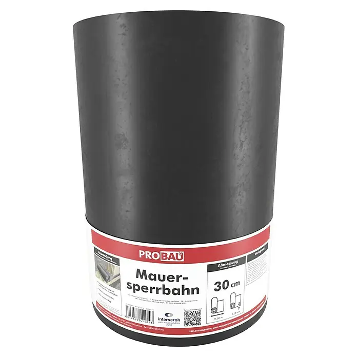 Probau Mauersperrbahn - 25 m x 30 cm x 1,2 mm, PVC - Nahaufnahme einer Rolle PROBAU Mauersperrbahn, 30 cm breit und 25 m lang, für den Einsatz im Mauerwerksbau.