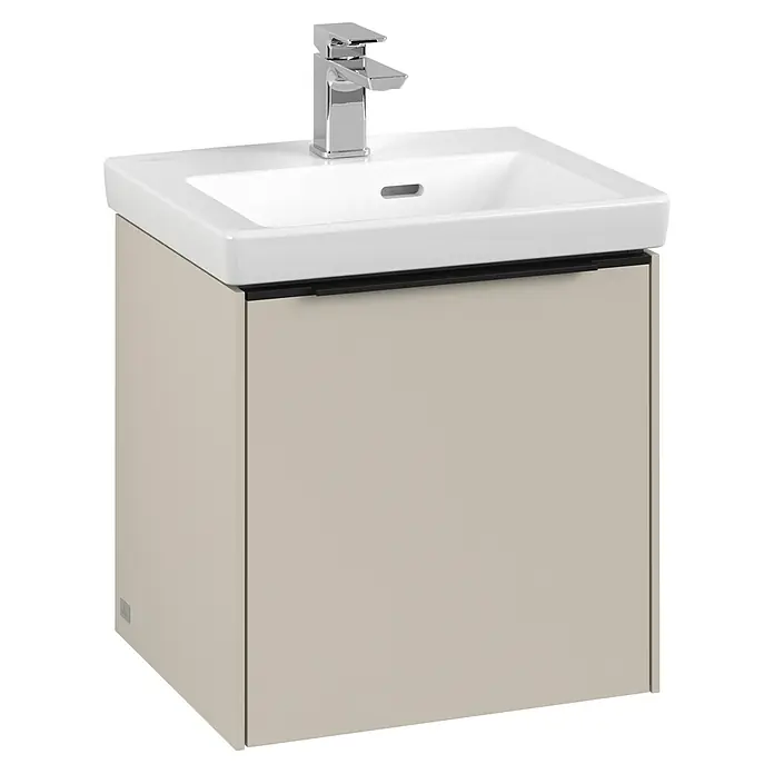 Villeroy & Boch Subway 3.0 Waschbeckenunterschrank - Cashmere Grey, Anzahl Türen: 1 Stk., Farbe Griff: Volcano Black, B x T x H: 42,3 x 37,8 x 42,9 cm, DIN Anschlag: Links - Modernes Waschbecken mit Unterschrank in Beige und Chromarmatur für ein stilvolles Badezimmer.