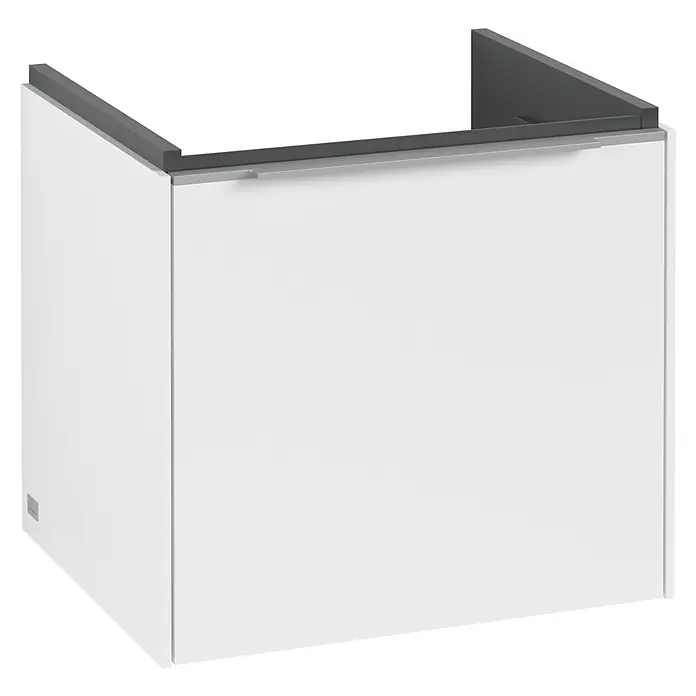 Villeroy & Boch Subway 3.0 Waschbeckenunterschrank - Pure White, Anzahl Schubladen: 1 Stk., Farbe Griff: Aluminium glänzend, B x T x H: 47,3 x 40,8 x 42,9 cm, Mit Beleuchtung - Ein schlichter, weißer Unterschrank mit einer grauen Oberseite, ideal für moderne Badezimmer. Das Möbelstück bietet Stauraum und Stil.