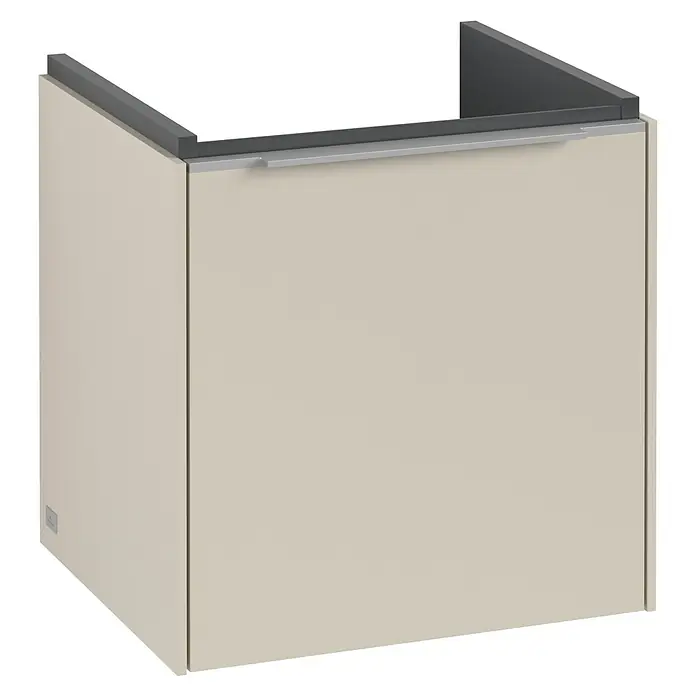 Villeroy & Boch Subway 3.0 Waschbeckenunterschrank - Cashmere Grey, Anzahl Türen: 1 Stk., Farbe Griff: Aluminium glänzend, B x T x H: 42,3 x 37,8 x 42,9 cm, DIN Anschlag: Rechts - Ansicht eines modernen Badmöbels in Beige mit dunkler Abdeckung, ideal für stilvolle Badezimmer.