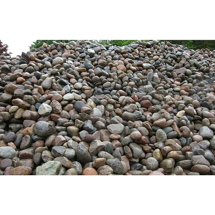 Gabiona Bruchstein Jütlandkiesel - Körnung: 60 mm - 90 mm, Bunt, 1.000 kg - Nahaufnahme von Flusskieselsteinen in verschiedenen Größen und Farben, ideal für Garten- und Landschaftsbauprojekte.
