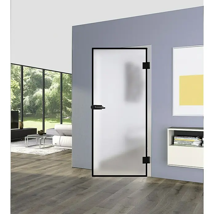 Diamond Doors Black Edition Glasdrehtür Edge - 834 x 1.972 mm, DIN Rechts, Milchglas - Hier ist eine Glastür mit einem schlanken, schwarzen Rahmen, die einen modernen Touch in den Raum bringt.