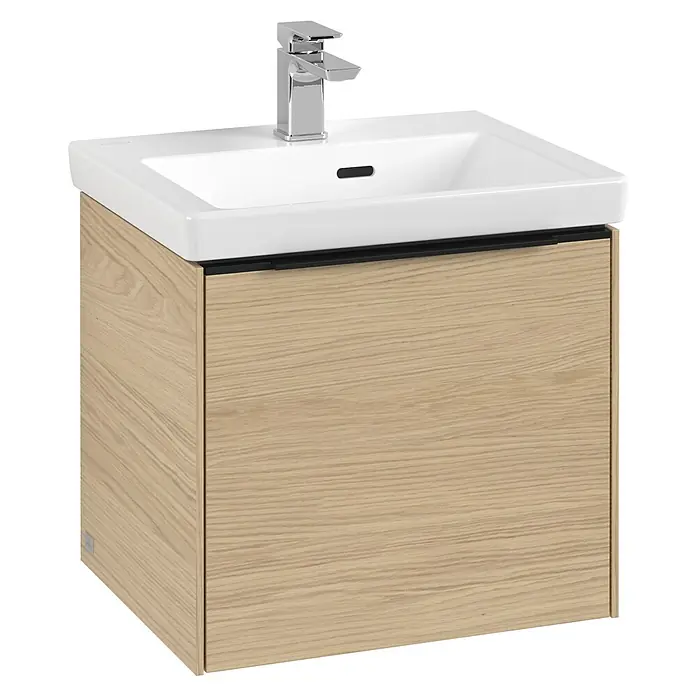 Villeroy & Boch Subway 3.0 Waschbeckenunterschrank - Nordik Oak, Anzahl Schubladen: 1 Stk., Farbe Griff: Volcano Black, B x T x H: 47,3 x 40,8 x 42,9 cm - Ein moderner Waschtisch mit einem Unterschrank in Holzoptik und einem stilvollen Chrom-Wasserhahn. Ideal für jedes Badezimmer.