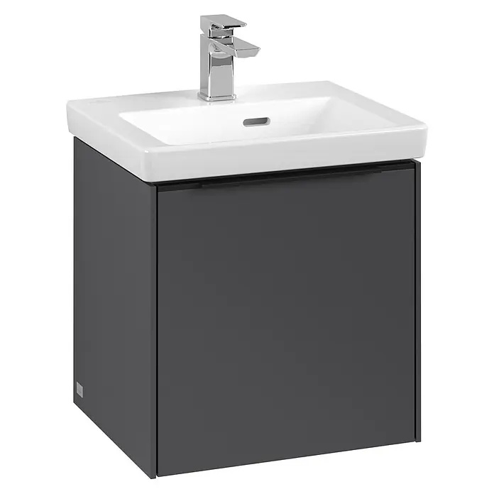 Villeroy & Boch Subway 3.0 Waschbeckenunterschrank - Graphite, Anzahl Türen: 1 Stk., Farbe Griff: Volcano Black, B x T x H: 42,3 x 37,8 x 42,9 cm, DIN Anschlag: Links - Bild eines modernen Waschtisches mit Unterschrank in Grau und einem weißen Waschbecken mit Armatur.