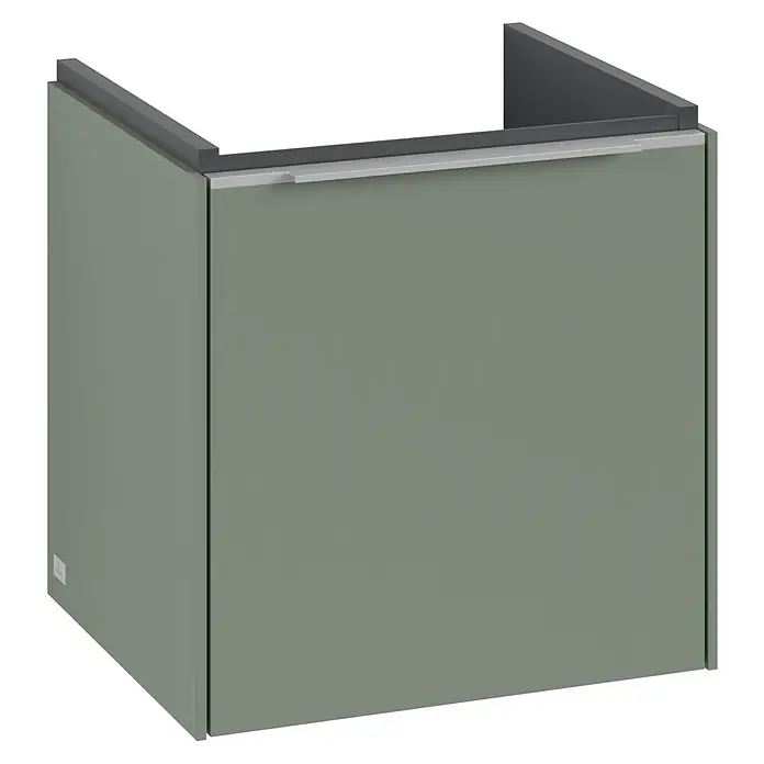 Villeroy & Boch Subway 3.0 Waschbeckenunterschrank - Soft Green, Anzahl Türen: 1 Stk., Farbe Griff: Aluminium glänzend, B x T x H: 42,3 x 37,8 x 42,9 cm, DIN Anschlag: Rechts - Ein moderner, olivgrüner Waschtischunterschrank mit Griff, der durch sein schlichtes Design besticht und sich ideal ins Bad integriert.