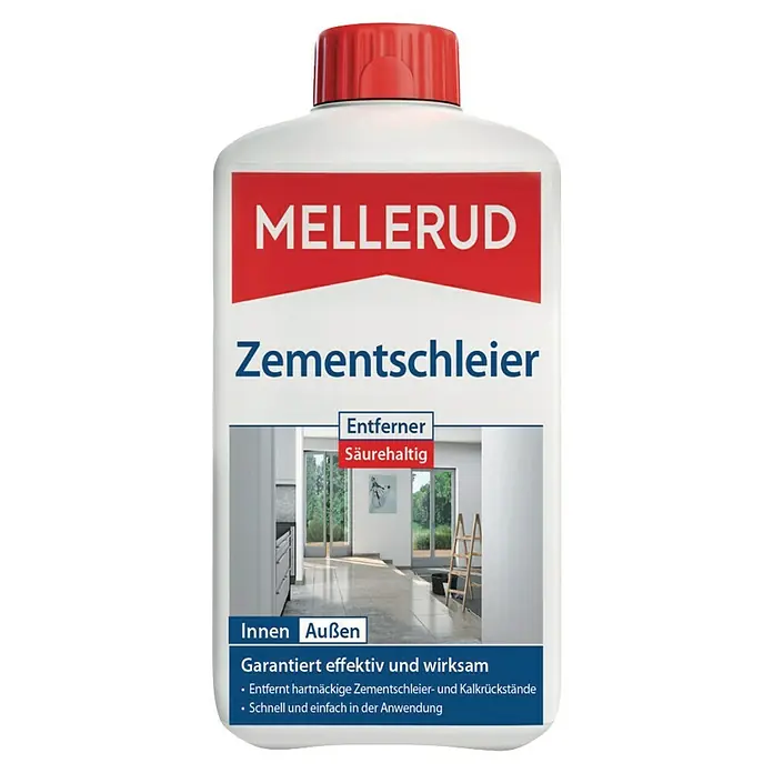 Mellerud Zementschleierentferner1 l - Flasche MELLERUD Zementschleier Entferner für Innen- und Außenbereiche. Garantiert effektive und wirksame Entfernung von Zementschleiern und Kalkrückständen.