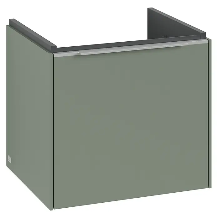 Villeroy & Boch Subway 3.0 Waschbeckenunterschrank - Soft Green, Anzahl Schubladen: 1 Stk., Farbe Griff: Aluminium glänzend, B x T x H: 47,3 x 40,8 x 42,9 cm, Mit Beleuchtung - Bild einer modernen Waschtisch-Verkleidung in einem sanften Grünton mit eleganten, grauen Akzenten.