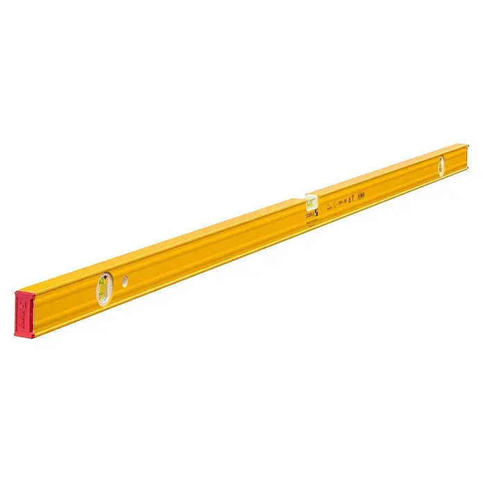 Stabila Wasserwaage Type 80 AS-2 - Aluminium, 150 cm - Eine gelbe Wasserwaage von Stabila, ideal für präzise Messungen im Handwerk und Heimwerkerbereich, mit roten Endkappen für zusätzlichen Schutz.
