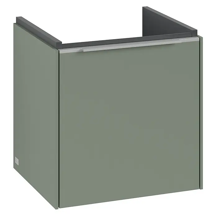 Villeroy & Boch Subway 3.0 Waschbeckenunterschrank - Soft Green, Anzahl Türen: 1 Stk., Farbe Griff: Aluminium glänzend, B x T x H: 42,3 x 37,8 x 42,9 cm, DIN Anschlag: Links - Eine Nahaufnahme eines modernen Waschtischunterschranks in einem sanften Grünton, der durch einen eleganten, grauen Griff ergänzt wird.