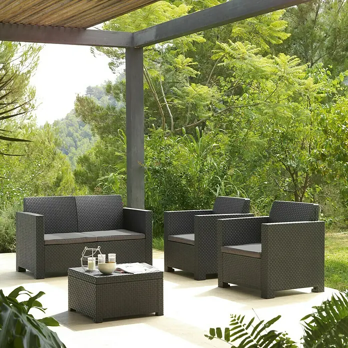Shaf Conjunto de muebles Evo - 4 pzs., Polipropileno, Antracita - Juego de muebles de jardín de ratán oscuro con sofá, sillones y mesa para relajarse al aire libre. Incluye cojines cómodos.
