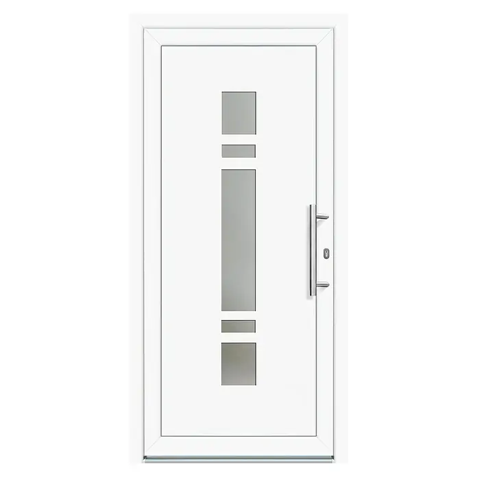 Panto Haustür Premium SMK 017 - 110 x 210 cm, DIN Anschlag: Rechts, Weiß - Elegante weiße Haustür mit vertikalem Glaseinsatz und modernem Edelstahlgriff. Ideal für einen stilvollen Eingangsbereich.