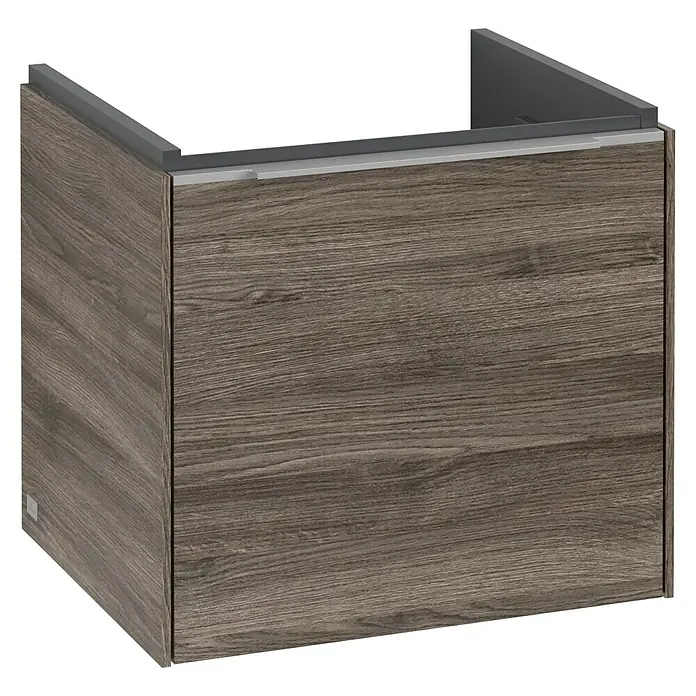 Villeroy & Boch Subway 3.0 Waschbeckenunterschrank - Stone Oak, Anzahl Schubladen: 1 Stk., Farbe Griff: Aluminium glänzend, B x T x H: 47,3 x 40,8 x 42,9 cm, Mit Beleuchtung - Ein moderner Unterschrank mit Holzstruktur und grauem Rahmen, ideal für Badezimmer oder Küchen.