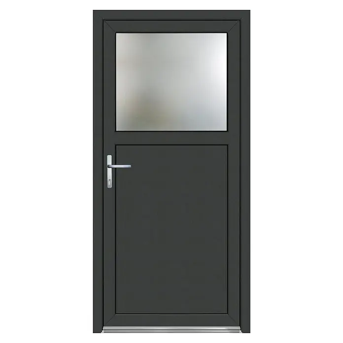 Panto Nebeneingangstür Premium SMK 510 - 98 x 198 cm, DIN Anschlag: Links, Anthrazit/Weiß - Graue Haustür mit Glasoberteil und silbernem Türgriff. Elegantes Design für einen modernen Eingangsbereich.