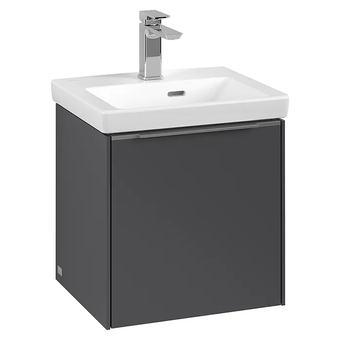 Villeroy & Boch Subway 3.0 Waschbeckenunterschrank - Graphite, Anzahl Türen: 1 Stk., Farbe Griff: Aluminium glänzend, B x T x H: 42,3 x 37,8 x 42,9 cm, DIN Anschlag: Rechts - Elegantes Badezimmerwaschbecken mit modernem Chromhahn und einem stilvollen grauen Unterschrank für zusätzlichen Stauraum.