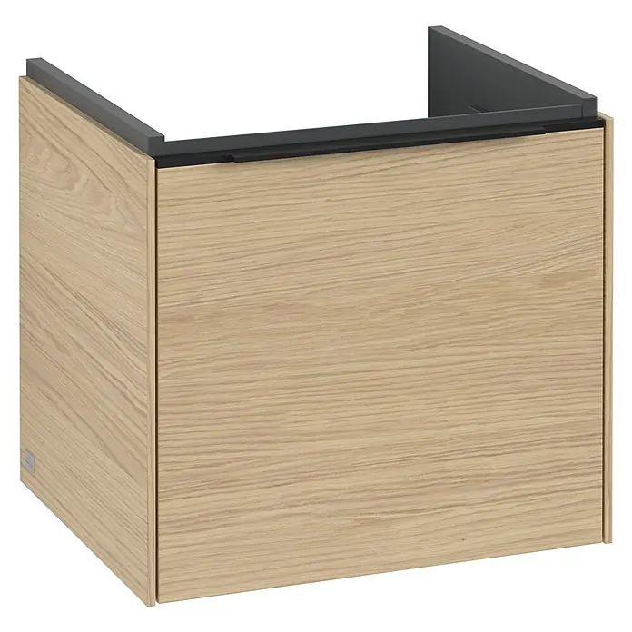 Villeroy & Boch Subway 3.0 Waschbeckenunterschrank - Nordik Oak, Anzahl Schubladen: 1 Stk., Farbe Griff: Volcano Black, B x T x H: 47,3 x 40,8 x 42,9 cm - Abbildung eines modernen Waschtischunterschranks in Holzoptik mit dunkler Abdeckung. Der Schrank bietet Stauraum im Badezimmer.