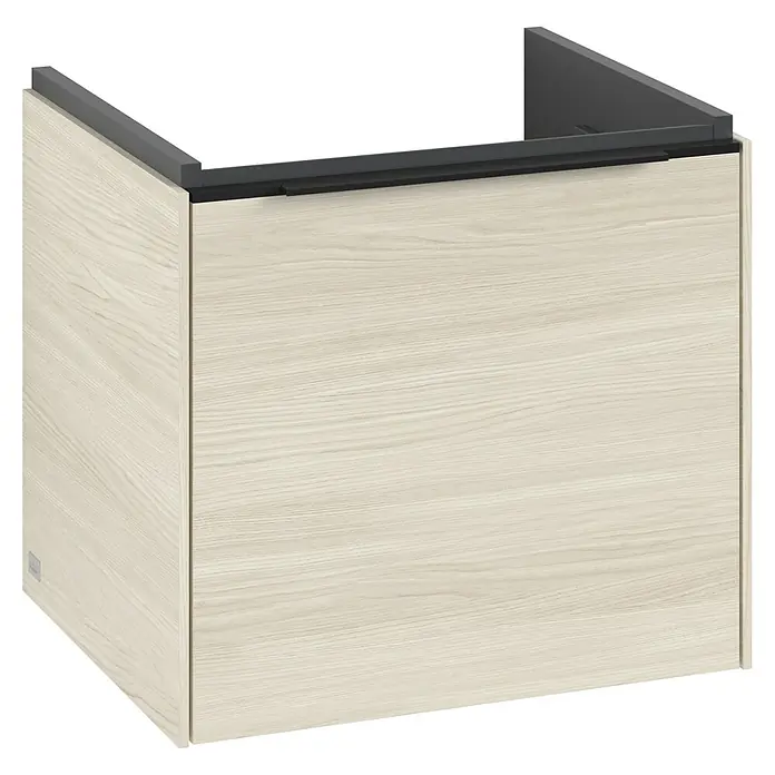 Villeroy & Boch Subway 3.0 Waschbeckenunterschrank - White Oak, Anzahl Schubladen: 1 Stk., Farbe Griff: Volcano Black, B x T x H: 47,3 x 40,8 x 42,9 cm, Mit Beleuchtung - Nahaufnahme eines Badezimmerschranks mit Holzmaserung und dunklem Oberteil, der Stauraum und Stil in jedes Badezimmer bringt.