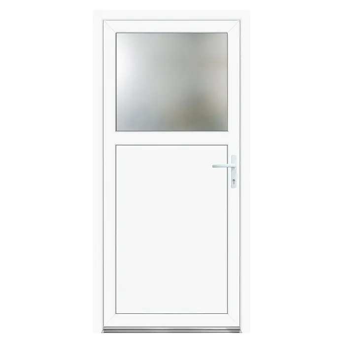 Panto Nebeneingangstür Premium SMK 510 - 98 x 198 cm, DIN Anschlag: Rechts, Weiß - Eine weiße PVC-Tür mit einem oberen Fenster, das für Privatsphäre mattiert ist, perfekt für Eingänge, die Licht benötigen, aber Privatsphäre wünschen.