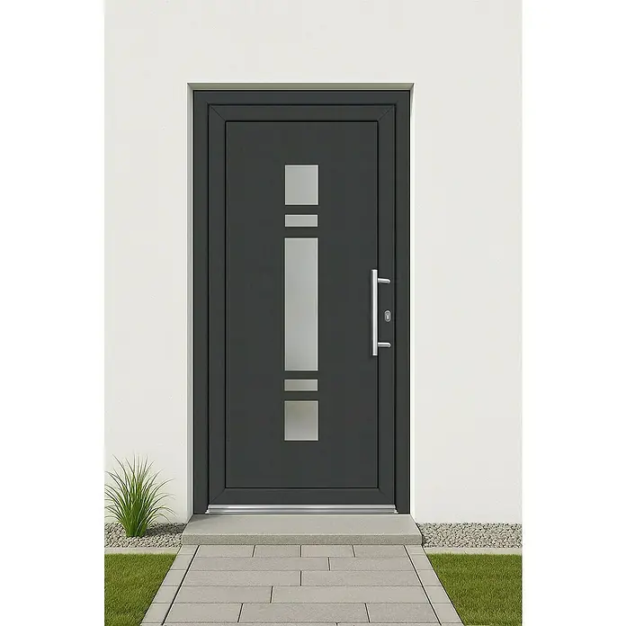 Panto Haustür Premium SMK 017 - 110 x 210 cm, DIN Anschlag: Rechts, Anthrazit/Weiß - Moderne Haustür aus Anthrazit mit Glaseinsatz. Die Tür zeichnet sich durch ihr schlichtes Design und den geraden Griff aus Edelstahl aus.
