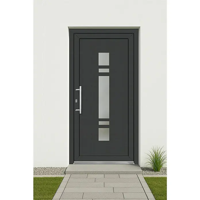 Panto Haustür Premium SMK 017 - 110 x 210 cm, DIN Anschlag: Links, Anthrazit/Weiß - Moderne anthrazitfarbene Haustür mit vertikalem Glaseinsatz und stilvollem Edelstahlgriff.