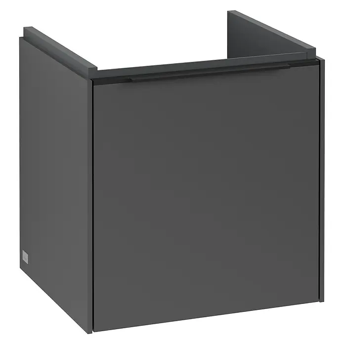 Villeroy & Boch Subway 3.0 Waschbeckenunterschrank - Graphite, Anzahl Türen: 1 Stk., Farbe Griff: Volcano Black, B x T x H: 42,3 x 37,8 x 42,9 cm, DIN Anschlag: Links - Bild eines modernen, grauen Waschtischunterschranks, der mit seinem minimalistischen Design und klaren Linien überzeugt. Ideal für stilvolle Badezimmer.