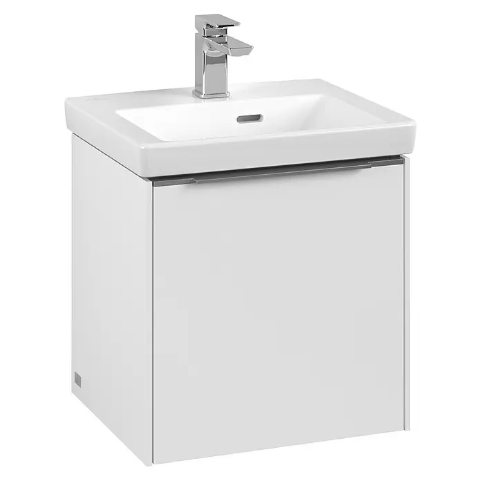 Villeroy & Boch Subway 3.0 Waschbeckenunterschrank - Pure White, Anzahl Türen: 1 Stk., Farbe Griff: Aluminium glänzend, B x T x H: 42,3 x 37,8 x 42,9 cm, DIN Anschlag: Links - Ein schicker weißer Waschtisch mit einem modernen Wasserhahn, ideal für jedes Badezimmerdesign.