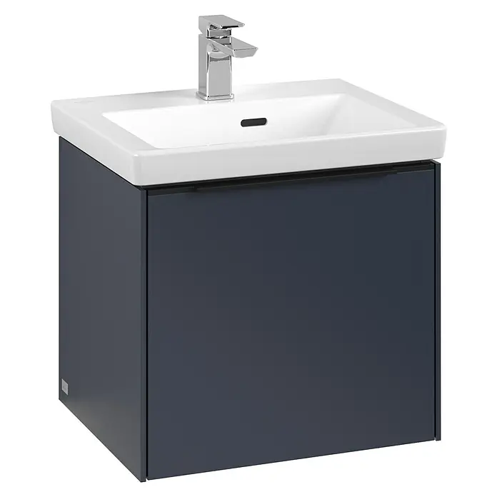 Villeroy & Boch Subway 3.0 Waschbeckenunterschrank - Marine Blue, Anzahl Schubladen: 1 Stk., Farbe Griff: Volcano Black, B x T x H: 47,3 x 40,8 x 42,9 cm, Mit Beleuchtung - Dieser Waschtischunterschrank in Dunkelblau mit einem modernen Waschbecken und einer Armatur ist ein echter Blickfang im Badezimmer.