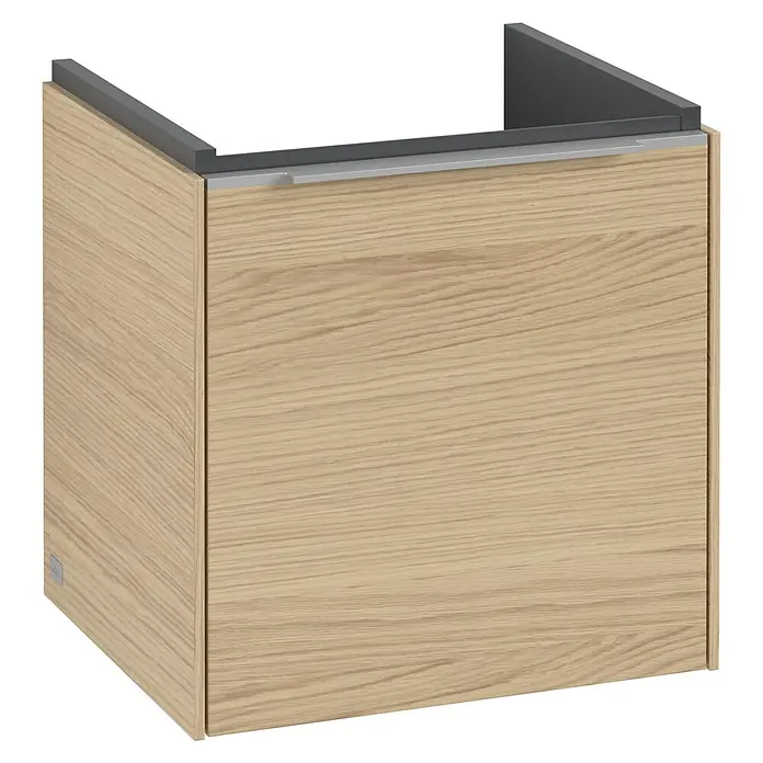 Villeroy & Boch Subway 3.0 Waschbeckenunterschrank - Nordik Oak, Anzahl Türen: 1 Stk., Farbe Griff: Aluminium glänzend, B x T x H: 42,3 x 37,8 x 42,9 cm, DIN Anschlag: Links - Ein moderner Waschtischunterschrank in Holzoptik mit einem schlichten, grauen Rahmen. Ideal für ein stilvolles Badezimmer.