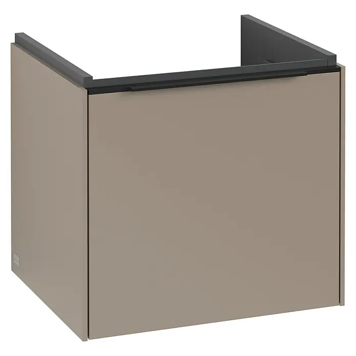 Villeroy & Boch Subway 3.0 Waschbeckenunterschrank - Taupe, Anzahl Schubladen: 1 Stk., Farbe Griff: Volcano Black, B x T x H: 47,3 x 40,8 x 42,9 cm, Mit Beleuchtung - Produktansicht eines modernen Waschtischunterschranks in Beige und Grau mit minimalistischem Design. Ideal für stilvolle Badezimmer.