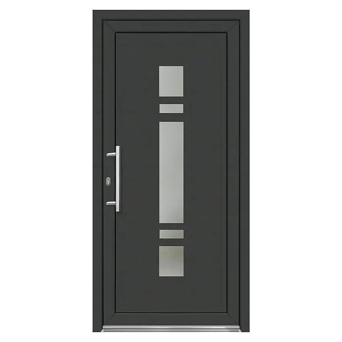Panto Haustür Premium SMK 017 - 110 x 210 cm, DIN Anschlag: Links, Anthrazit/Weiß - Elegante Eingangstür in Anthrazit mit modernem, vertikalem Glaseinsatz und stilvollem, langem Griff. Zeitloses Design für einladende Hauseingänge.
