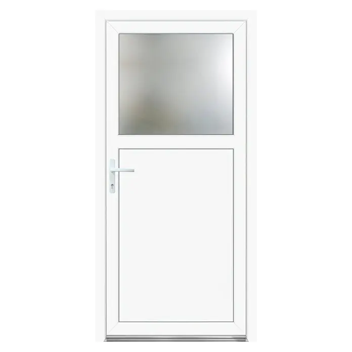 Panto Nebeneingangstür Premium SMK 510 - 98 x 198 cm, DIN Anschlag: Links, Weiß - Weißer Türrahmen mit großem Fenster oben und einer weißen Tür unten, mit silberfarbenem Türgriff.