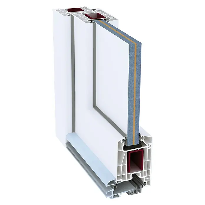 Panto Haustür Premium SMK 017 - 110 x 210 cm, DIN Anschlag: Rechts, Weiß - Detailaufnahme eines weißen Kunststofffensters im Querschnitt, das seine Konstruktion und Isolierung zeigt.