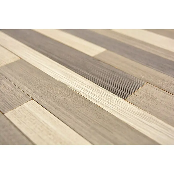 Selbstklebemosaik Woodland SWM PW3 - 30 x 30 cm, Grau, Matt - Nahaufnahme von horizontal verlegten, mehrfarbigen Holzbodenpaneelen, die ein warmes und einladendes Gefühl vermitteln.