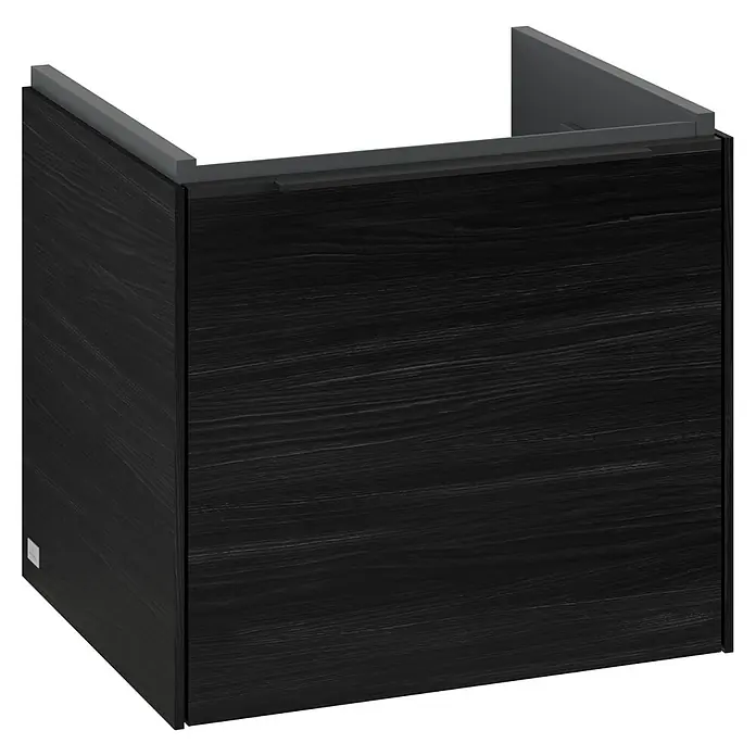 Villeroy & Boch Subway 3.0 Waschbeckenunterschrank - Black Oak, Anzahl Schubladen: 1 Stk., Farbe Griff: Volcano Black, B x T x H: 47,3 x 40,8 x 42,9 cm, Mit Beleuchtung - Elegantes, dunkles Möbelstück mit Holzmaserung für Badezimmer oder Wohnbereich, das stilvolle Akzente setzt.