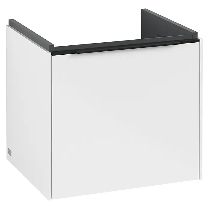 Villeroy & Boch Subway 3.0 Waschbeckenunterschrank - Brilliant White, Anzahl Schubladen: 1 Stk., Farbe Griff: Volcano Black, B x T x H: 47,3 x 40,8 x 42,9 cm - Das Bild zeigt einen weißen Waschtischunterschrank mit einer grauen Abdeckung, der modern und minimalistisch gestaltet ist.\n
