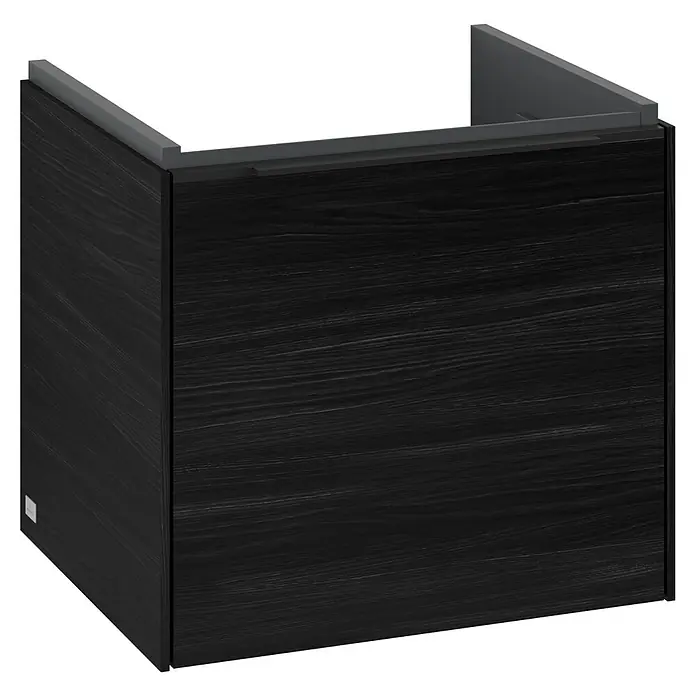 Villeroy & Boch Subway 3.0 Waschbeckenunterschrank - Black Oak, Anzahl Schubladen: 1 Stk., Farbe Griff: Volcano Black, B x T x H: 47,3 x 40,8 x 42,9 cm - Bild eines schwarzen Waschtischunterschranks.