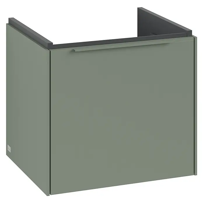 Villeroy & Boch Subway 3.0 Waschbeckenunterschrank - Soft Green, Anzahl Schubladen: 1 Stk., Farbe Griff: Monochrom, B x T x H: 47,3 x 40,8 x 42,9 cm - Grüner Badezimmerschrank mit Griff. Er präsentiert ein minimalistisches Design mit einer glatten, matten Oberfläche und einer schlichten, modernen Ästhetik.
